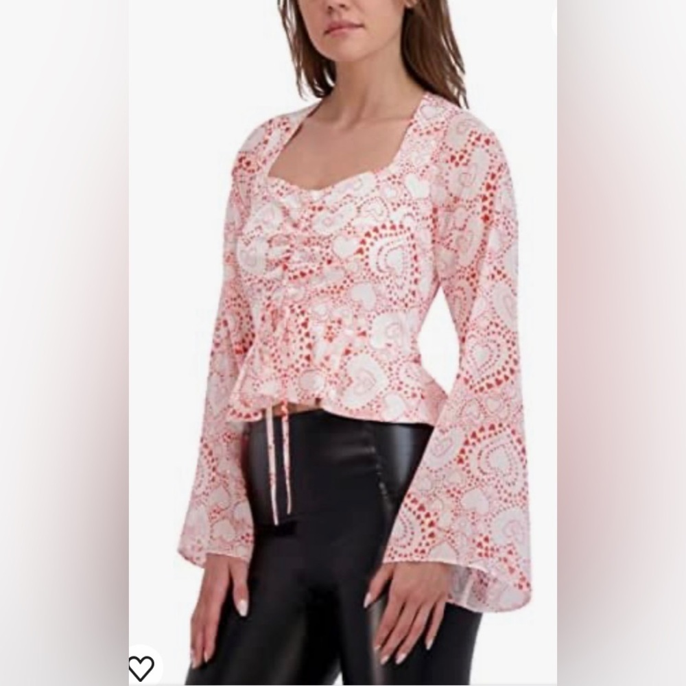 BCBGeneration peplum bell long sleeve sweetheart sheer white red valentines top